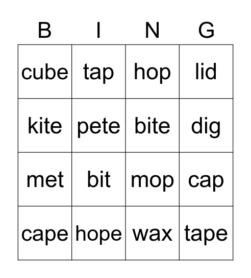 CVCe Words Bingo Card