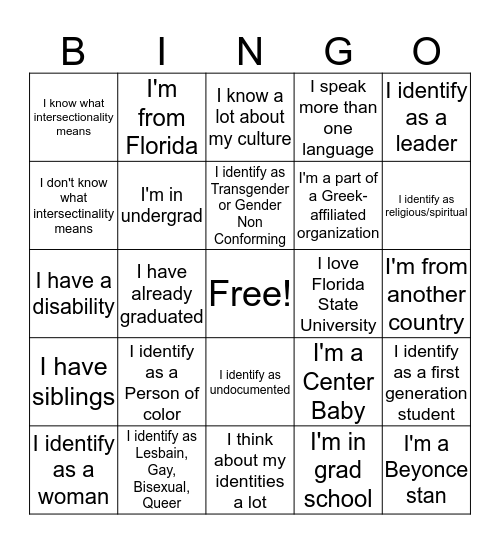 Identity Bingo Card