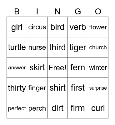 er, ir, ur Bingo Card