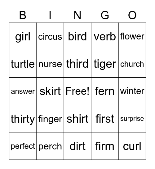 er, ir, ur Bingo Card