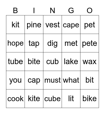 CVCe Words Bingo Card