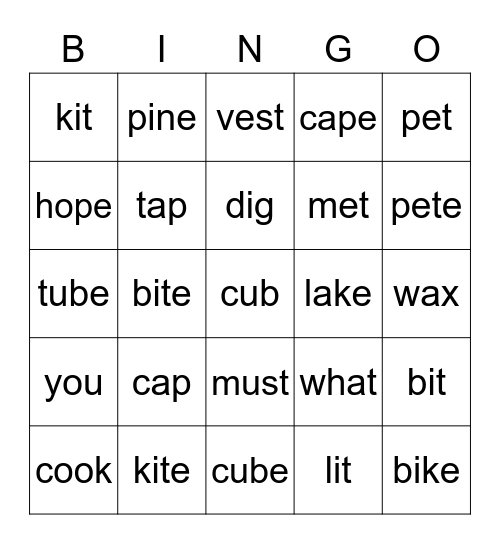 CVCe Words Bingo Card