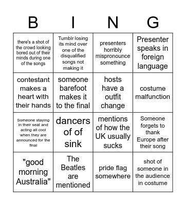 Eurovision 2023 semifinals Bingo Card