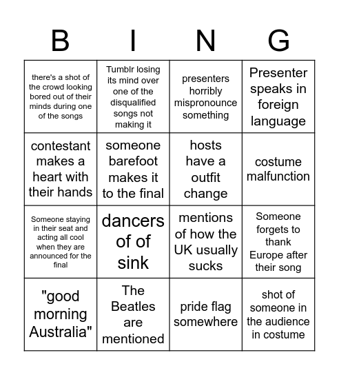 Eurovision 2023 semifinals Bingo Card