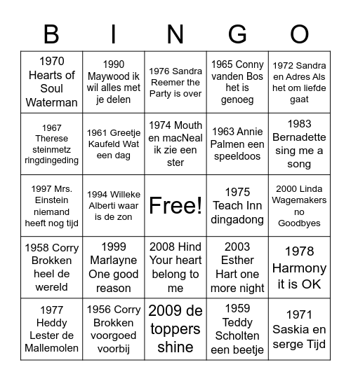 song festival Nederlandse inzendingen Bingo Card