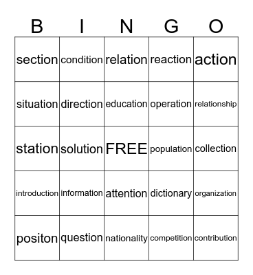 tion Bingo Card