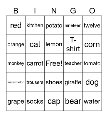 Clothes Colors Animals Fruit Vegetable Numbers Bingo Card