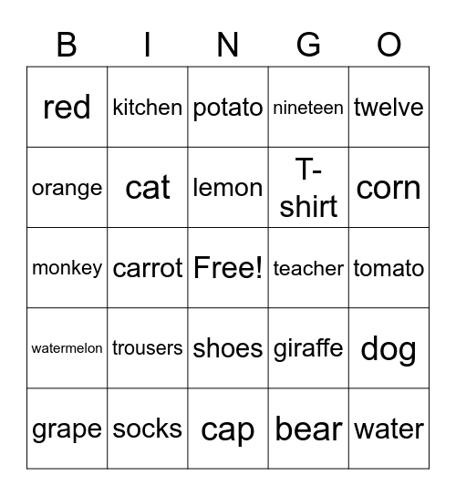 Clothes Colors Animals Fruit Vegetable Numbers Bingo Card