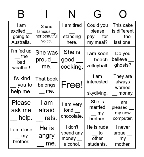 Dependent prepositions Bingo Card