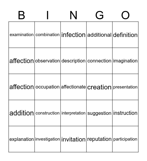 tion Bingo #2 Bingo Card