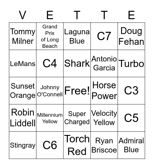 Corvettes of San Diego Bingo Card