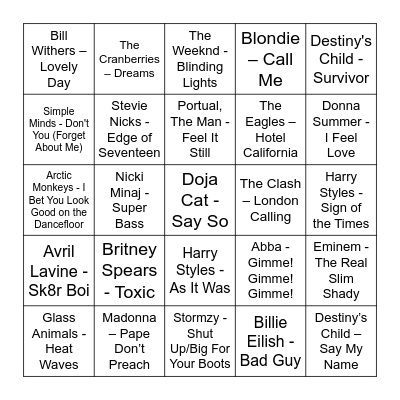 Staycity Music Bingo Card