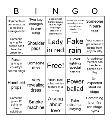 Eurovision Bingo Card