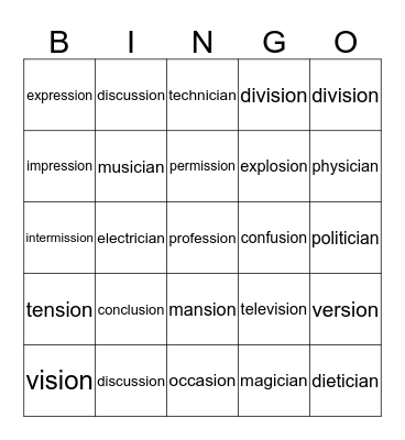 -sion/ -cian Bingo  Bingo Card