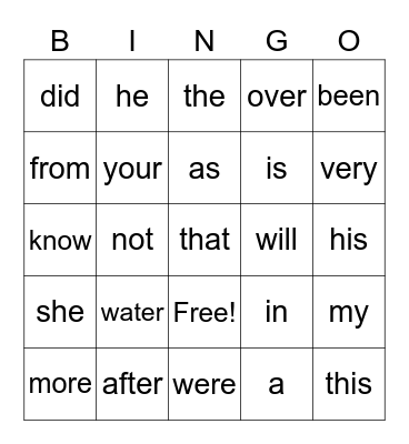 sight words Bingo Card
