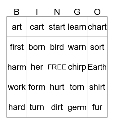 R-Controlled Vowels BINGO Card