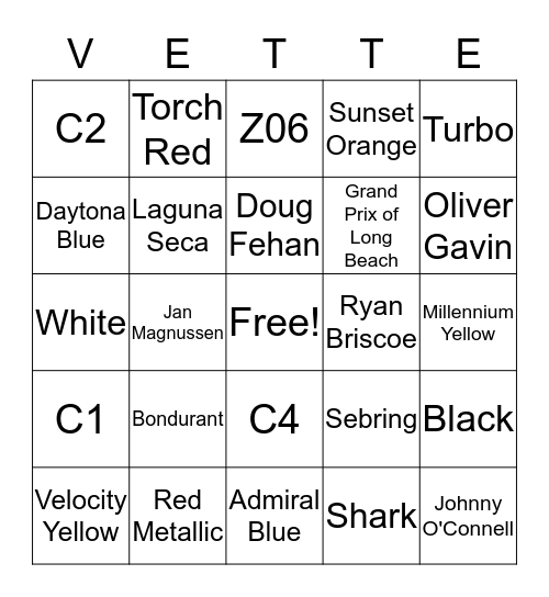 Corvettes of San Diego Bingo Card