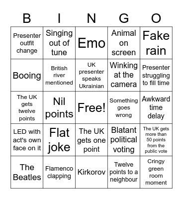 Eurovision 2023 Bingo Card