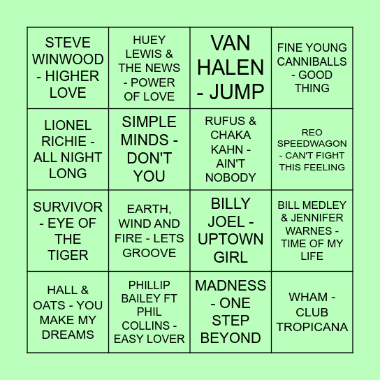 Beatz N Bingo - 80's (GREEN) Bingo Card