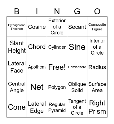 Geometry Spring Vocab Bingo Card