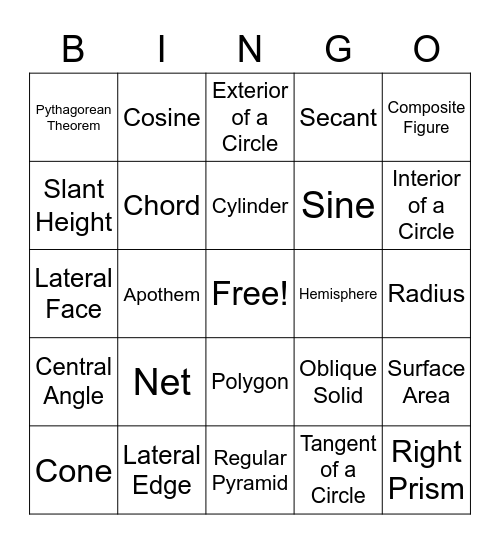 Geometry Spring Vocab Bingo Card