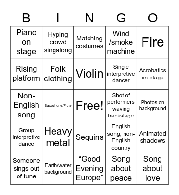 Eurovision Semifinal Bingo Card