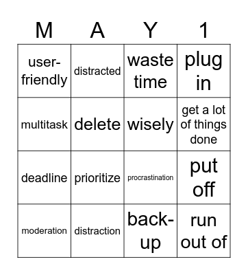 Vocabulary revision Bingo Card