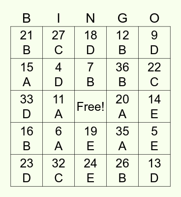 Emphysema Bingo Card