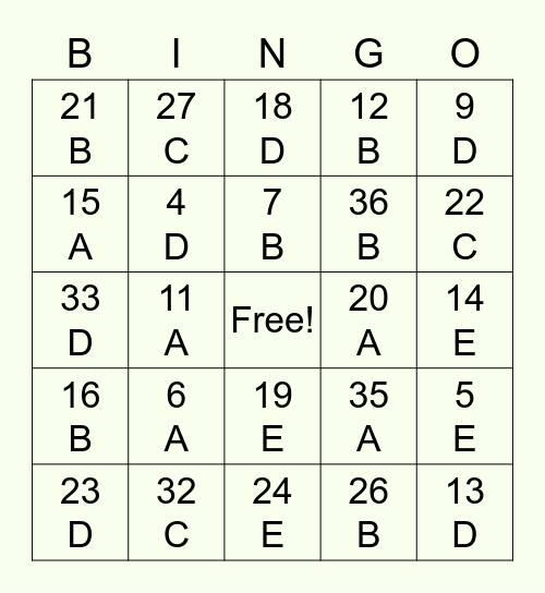 Emphysema Bingo Card