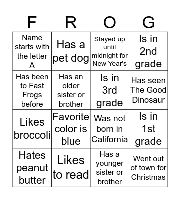 Fast Frogs BINGO  Bingo Card