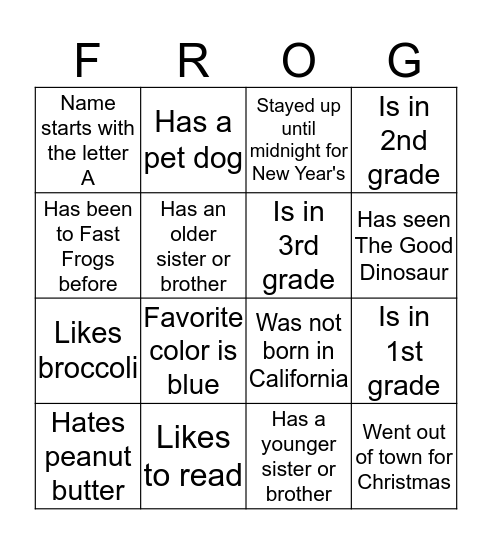 Fast Frogs BINGO  Bingo Card