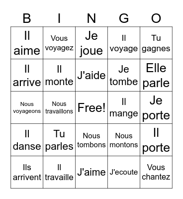 ER verbs Bingo Card