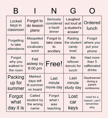 Tired Teacher Bingo Card