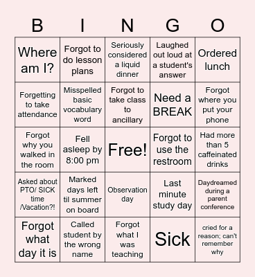 Tired Teacher Bingo Card