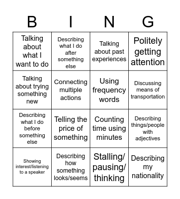 J2 Functions Bingo Card