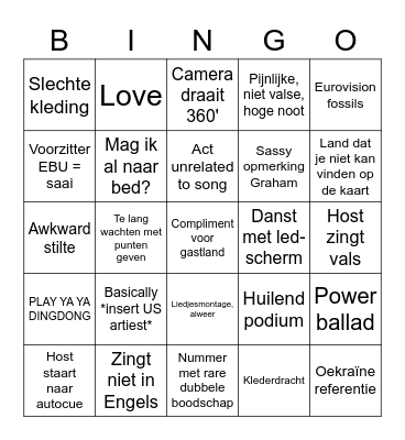 Songfestival 2023 Bingo Card