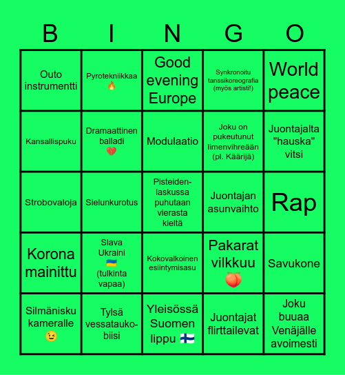 Eurovision Bingo 2023 🌈 Bingo Card