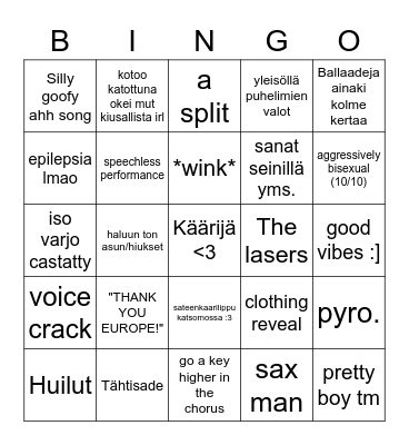 finglish eurovision semifinals Bingo Card