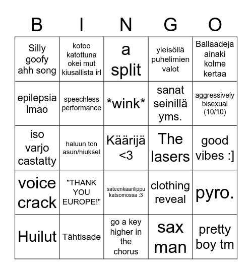 finglish eurovision semifinals Bingo Card