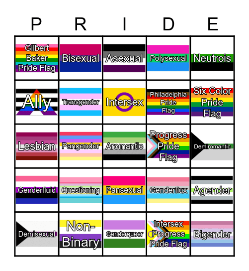 Pride Flag Bingo Card