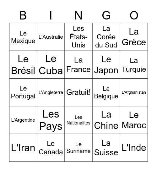 Les Pays Bingo Card