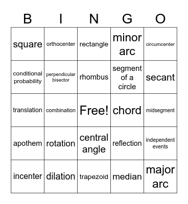 Geometry Final Exam Review Bingo Card