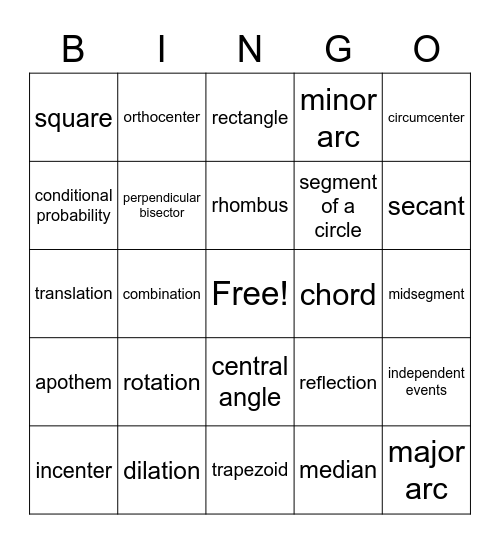 Geometry Final Exam Review Bingo Card