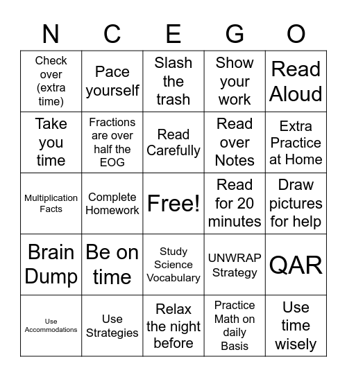 5th Grade EOG Bingo Card