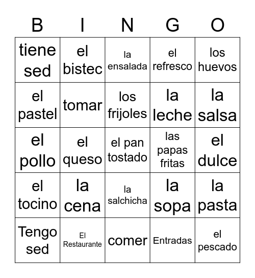 4th Grade La Comida Bingo Card