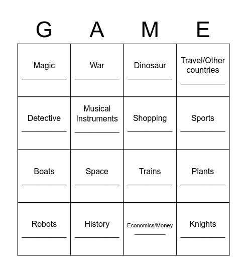 Theme Bingo Card