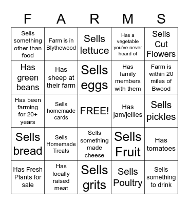 Farmers Market Bingo Card