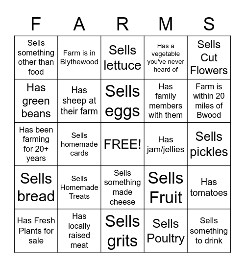 Farmers Market Bingo Card