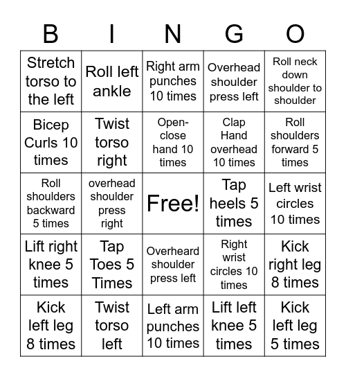 Exercise Bingo Card