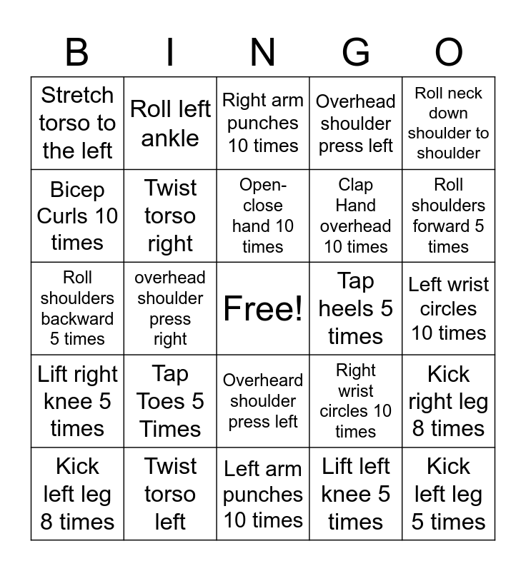 Exercise BINGO Card